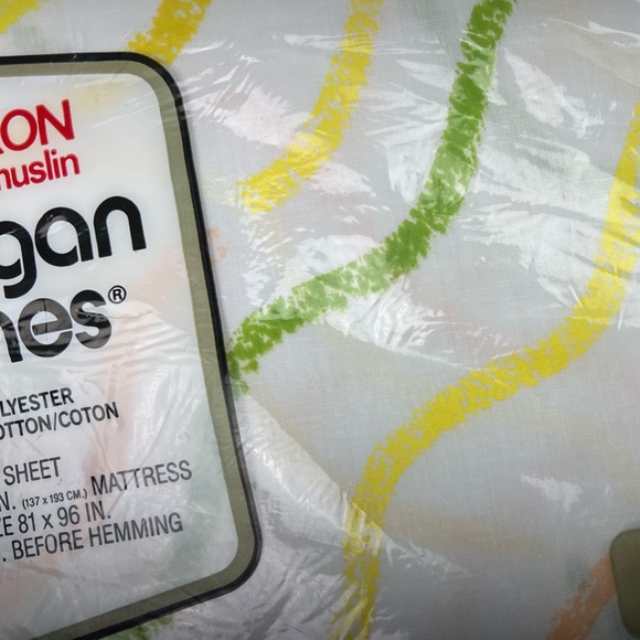 Vintage Morgan Jones Double Flat Sheet White Waves Lines Yellow Green Muslin NIP - Picture 6 of 7